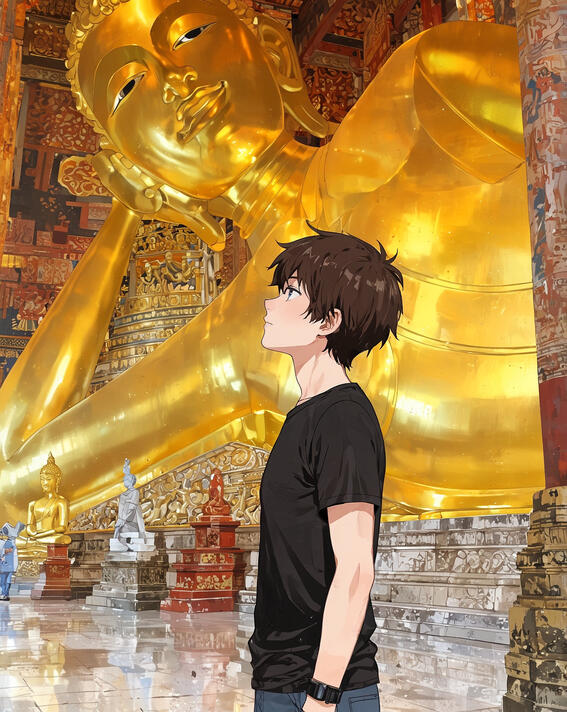 Man at Reclining Buddha, Wat Pho, Bangkok, Thailand: Golden calm and quiet reverence beneath temple light—Bangkok, Thailand.