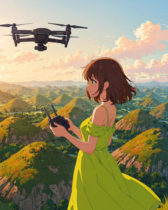 Woman at Chocolate Hills, Bohol, Philippines: Golden hour adventure atop cliff, drone in hand, overlooking hundreds of cone-shaped hills—Bohol, Philippines.