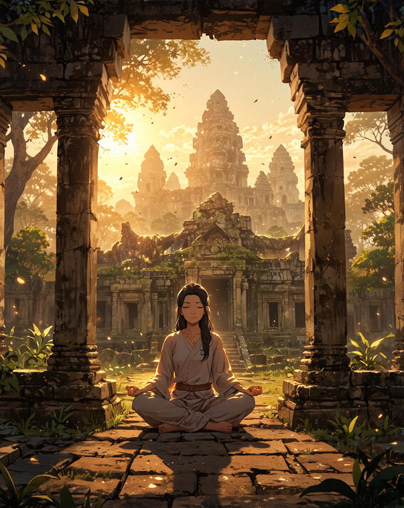 Girl meditating, Angkor Wat: Golden light illuminates ancient peace—Angkor Wat, Cambodia