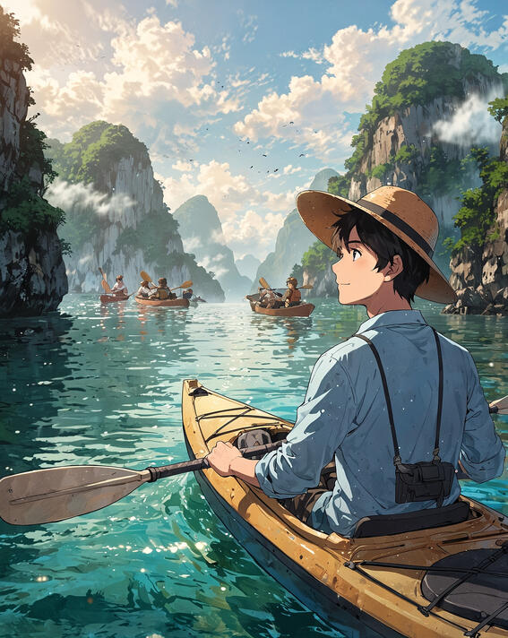 Boy kayaking, Ha Long Bay: Discovery winds through limestone giants—Ha Long Bay, Vietnam