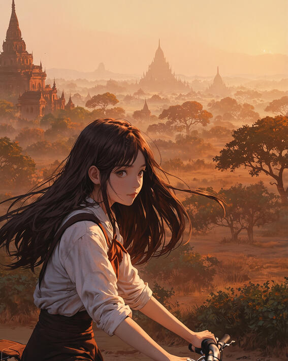 **Traveler girl on bicycle, Bagan temples, Myanmar: **Dawn mist glows orange as ancient pagodas emerge from the haze, her journey through sacred silence beginning with the sun—Bagan, Myanmar.