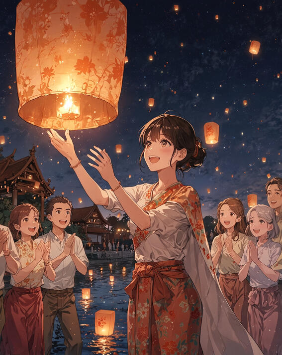 Girl releasing lantern, Chiang Mai: Wishes rise into the night sky—Lantern Festival, Chiang Mai, Thailand