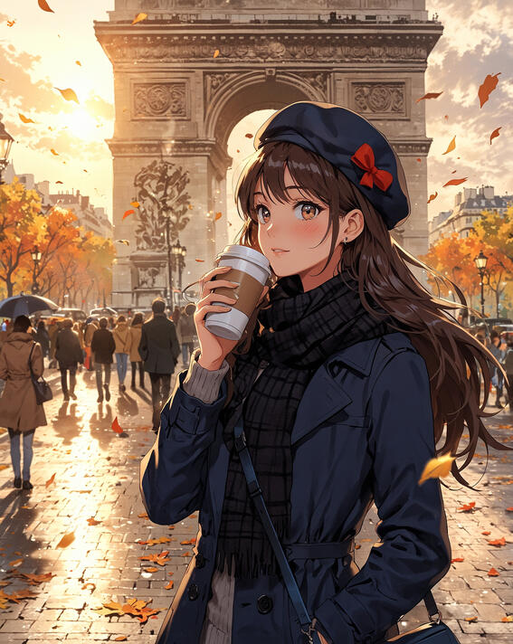 Woman with coffee, Arc de Triomphe, Paris, France: Autumn’s lively rhythm weaving through golden leaves and bustling streets—Paris, France.