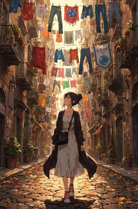 Woman exploring Spaccanapoli: Golden light, hanging colors, and old-world charm—autumn in Spaccanapoli, Naples, Italy