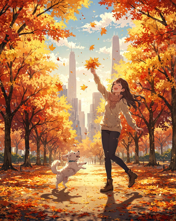 Woman playing with dog in leaves: Golden afternoons and faithful companions—Central Park, New York, USA