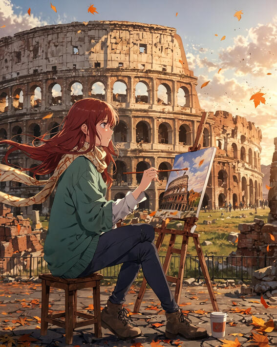 Woman painting Colosseum: Where art meets history in autumn light—Colosseum, Rome, Italy