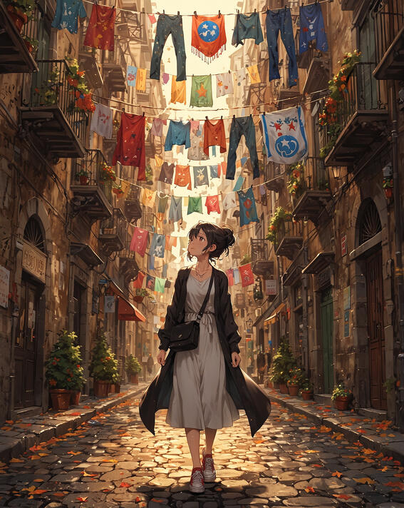 Woman exploring Spaccanapoli: Golden light, hanging colors, and old-world charm—autumn in Spaccanapoli, Naples, Italy