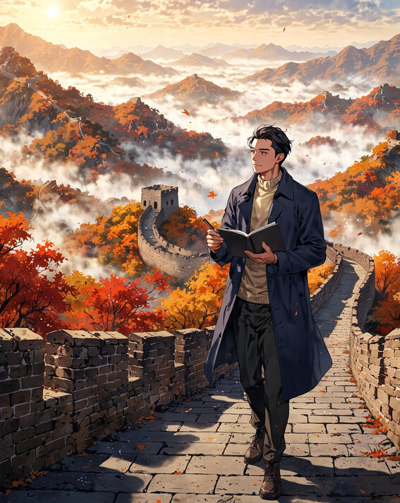 Man journaling at Great Wall: Morning mist over ancient stones—Great Wall of China