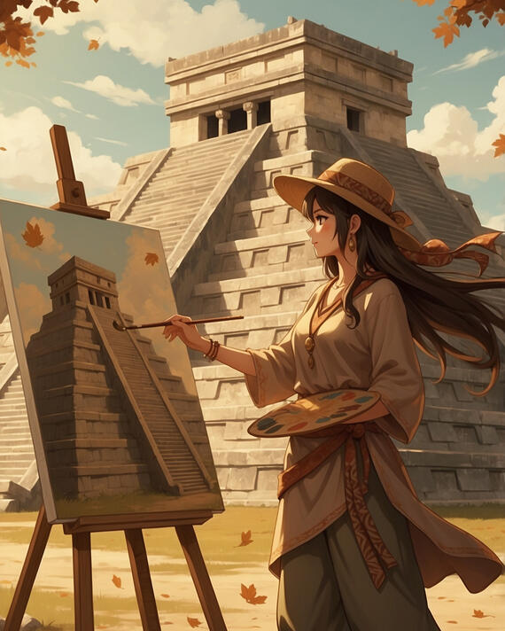 Artist painting temple, Chichen Itza, Mexico: Autumn light warms ancient stones as she captures history on canvas, golden leaves drifting past centuries of silence—Chichen Itza, Mexico.