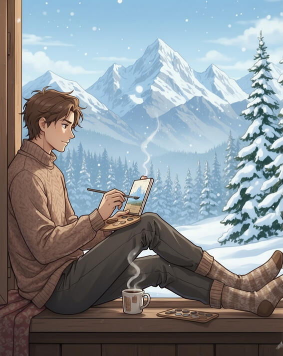 Boy painting from cabin, Swiss Alps: Creative solitude in mountain quiet—Swiss Alps, Switzerland