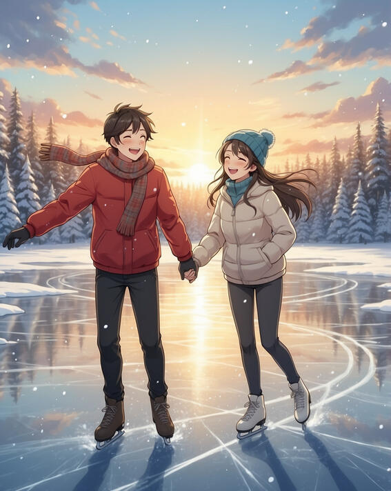 Couple ice skating, Canada: Laughter echoes across frozen waters—Lake skating, Canada