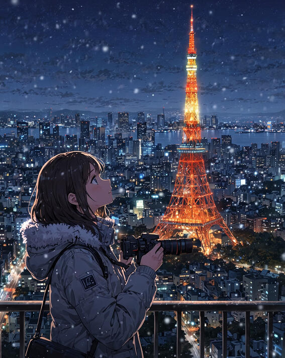 Woman with camera, Tokyo Tower: Evening snow and twinkling lights framing a quiet, golden moment—Tokyo, Japan.