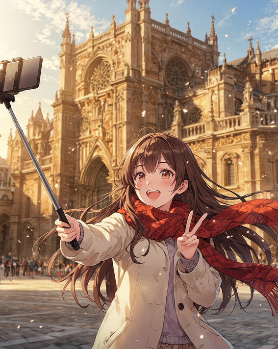 Woman selfie at Seville Cathedral: Capturing sunlit memories in winter warmth—Seville Cathedral, Spain