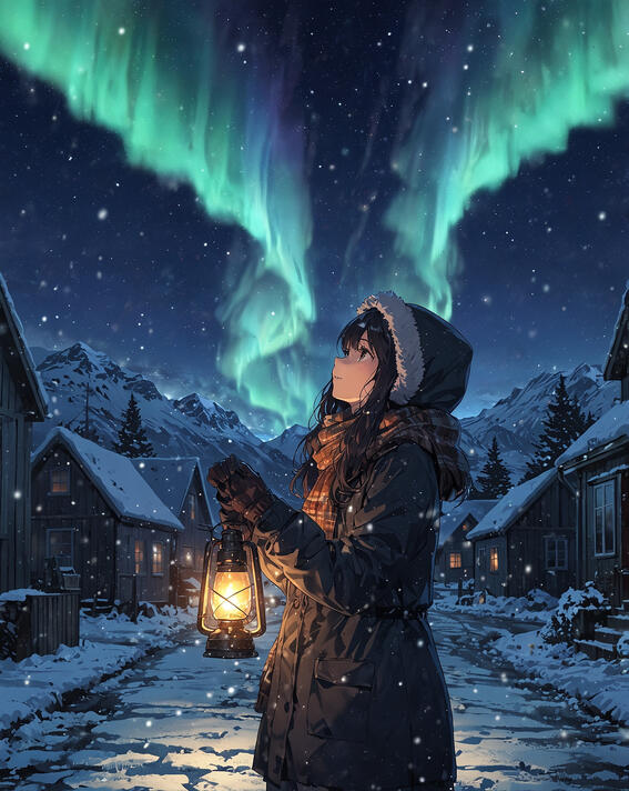 Girl with lantern, Northern Lights, Iceland: Wonder painted across winter skies—Northern Lights, Iceland