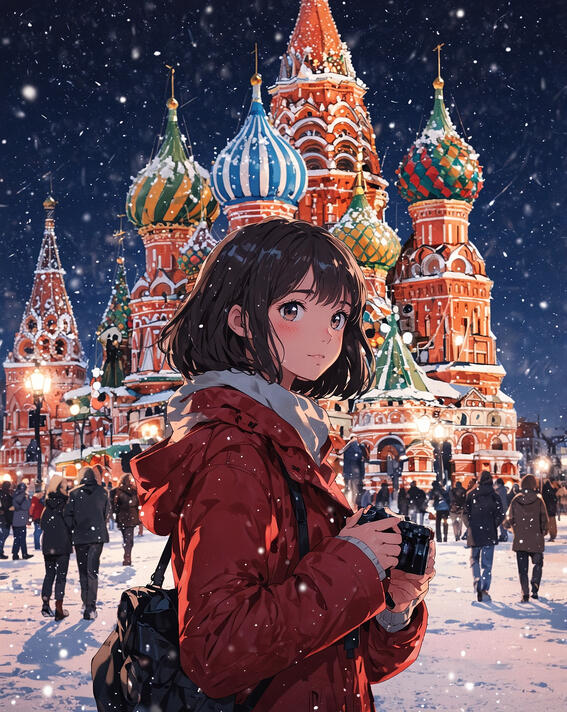 Girl with camera, Red Square, Moscow, Russia:Snowflakes dance around her as Saint Basil's Cathedral glows like a jeweled dream, winter's magic captured through rosy-cheeked wonder—Moscow, Russia.
