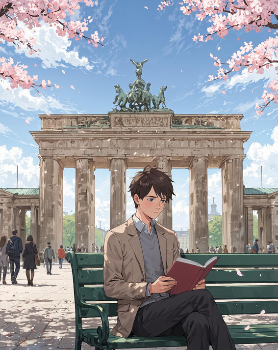Man reading by Brandenburg Gate, Berlin, Germany: Spring blossoms drifting through quiet moments—Berlin, Germany.