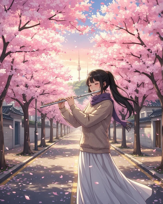 Woman playing flute, Seoul cherry blossoms: Melodies drift through spring&#39;s fleeting beauty—Cherry blossom street, Seoul, South Korea