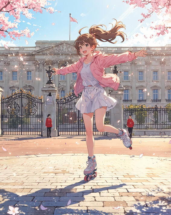 Anime Woman Rollerblading at Buckingham Palace, London, UK: Cherry blossoms swirl through the spring breeze as she glides past the grand gates, rollerblades flashing on the pavement—Buckingham Palace, London, UK.