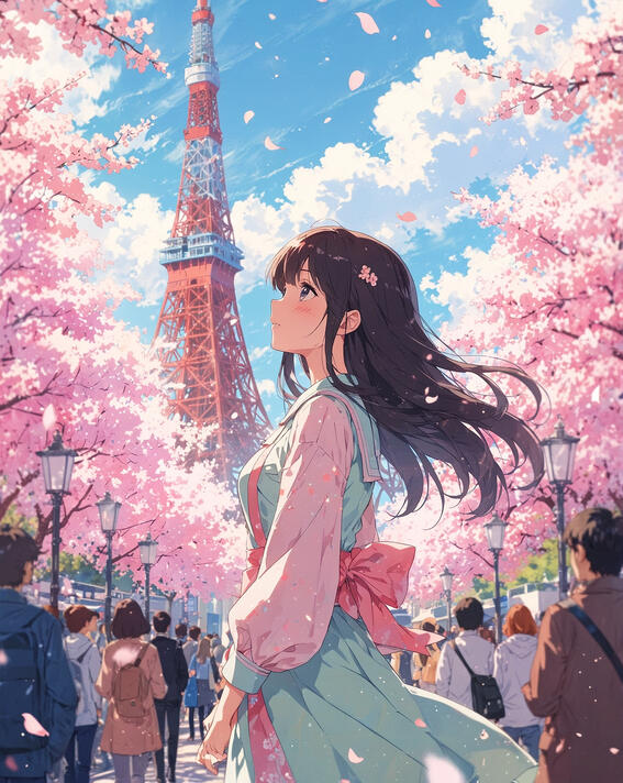 Woman with cherry blossoms, Tokyo Tower, Tokyo, Japan: Spring’s gentle bloom swirling around her as sunlight warms the city—Tokyo, Japan.