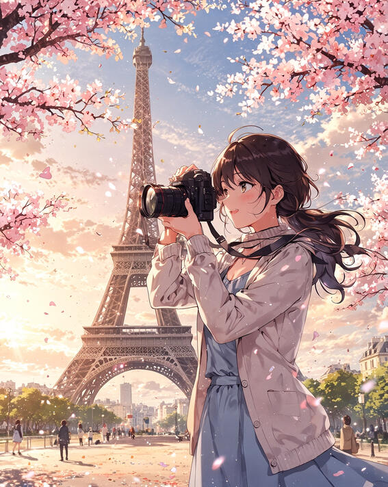 Girl photographing Eiffel Tower: Capturing spring&#39;s fleeting magic—Eiffel Tower, Paris, France