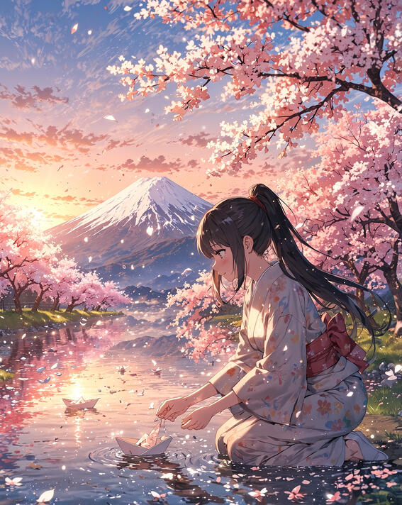 Woman with paper boats, Mount Fuji: Wishes drift downstream in cherry bloom—Mount Fuji, Japan