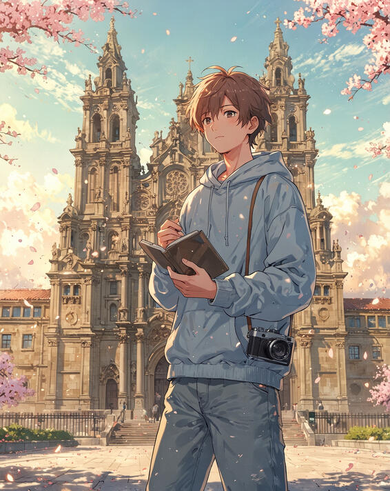 Shy Male Artist at Santiago de Compostela Cathedral, Spain: Cherry blossoms float through the soft spring air as golden light wraps around his quiet silhouette, sketchbook in hand and camera on his shoulder—Santiago de Compostela Cathedral, Spain.