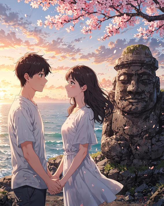 Couple with Dol Hareubang, Jeju Island, South Korea: Cherry blossoms drift on ocean winds as dawn light paints the sky, their hands intertwined above gentle waves—Jeju Island, South Korea.