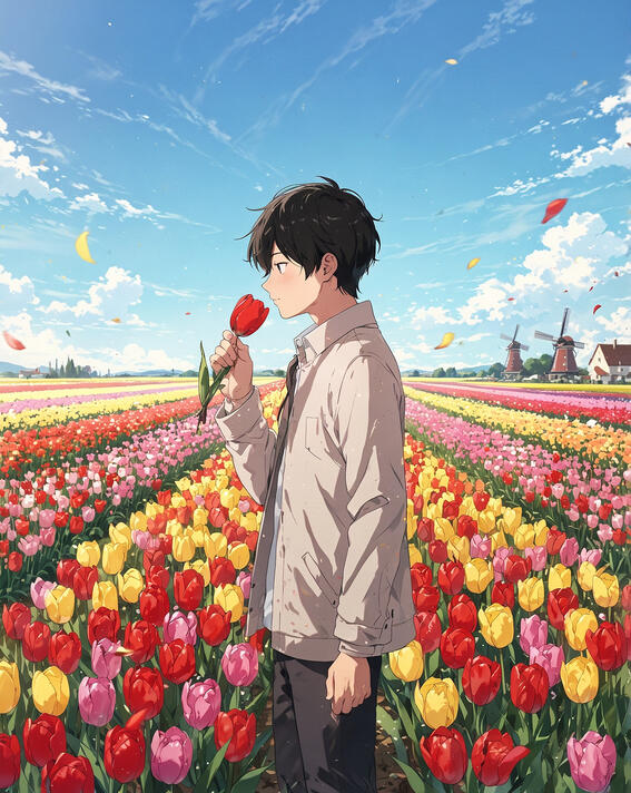 Boy in tulip fields: Simple joys among endless color—Tulip fields, Netherlands
